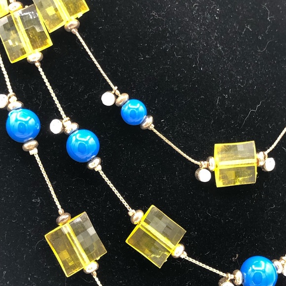 Multi Strand Necklace Blue Yellow Beads Rhinestones Statement Extender - Picture 6 of 7